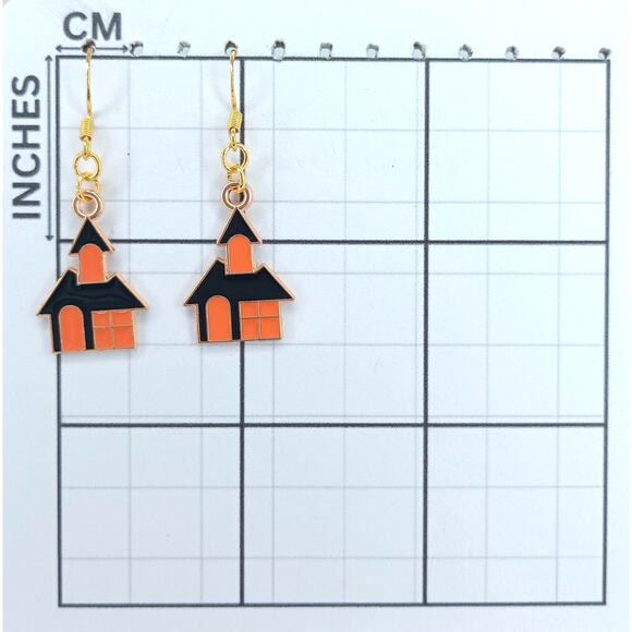 Halloween Haunted House Earrings 🎃 Spooky Cute Black and Orange Jewelry - Picture 3 of 4